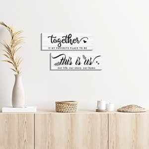 Kas Home Farmhouse Wall Decor - 2 Pieces This Is Us & Together Rustic Canvas Wall Art for Home Inspirational Print Bedroom Decor Plaque Hanging Decorations for Living Room (5.5 x 16.5 inch, White - 2 Pieces)