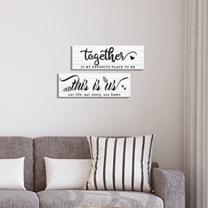 Kas Home Farmhouse Wall Decor - 2 Pieces This Is Us & Together Rustic Canvas Wall Art for Home Inspirational Print Bedroom Decor Plaque Hanging Decorations for Living Room (5.5 x 16.5 inch, White - 2 Pieces)