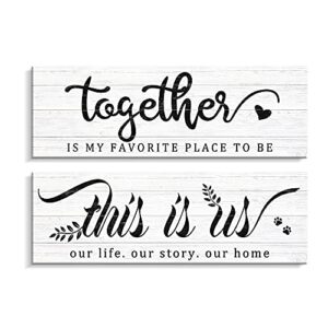 Kas Home Farmhouse Wall Decor - 2 Pieces This Is Us & Together Rustic Canvas Wall Art for Home Inspirational Print Bedroom Decor Plaque Hanging Decorations for Living Room (5.5 x 16.5 inch, White - 2 Pieces)