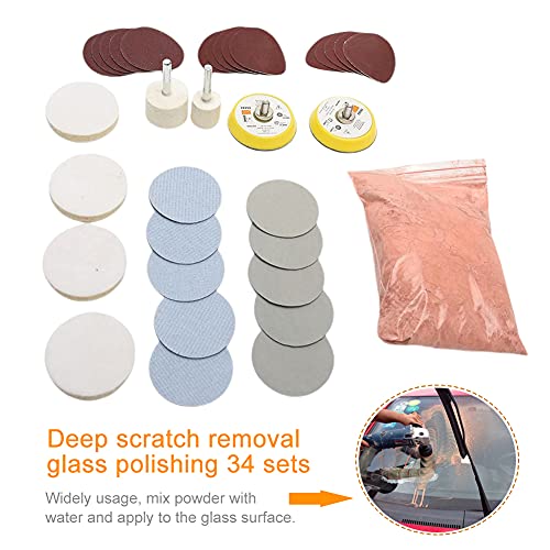 Glass Polishing Kit, 34Pcs/Set Multifunctional Scratch Remover Window Repair Tool, Cerium Oxide Polishing Powder Polishing Pad and Wheel for Windscreen and Glass