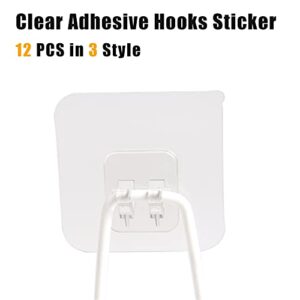 HAPY SHOP 12 PCS Clear Adhesive Hooks Sticker Suction Sticker Adhesive Wall Hooks for Banthroom Shelf Corner Shower Caddy,No Drilling Bathroom Shower Shelf Accessories,3 Styles