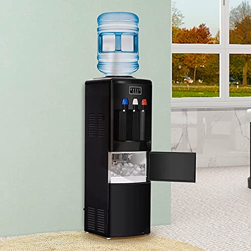 2-in-1 Water Cooler Dispenser with Built-in Ice Maker, Electric Hot Cold Water Cooler, 27LBS/24H Ice Maker Machine with Child Safety Lock (Black)