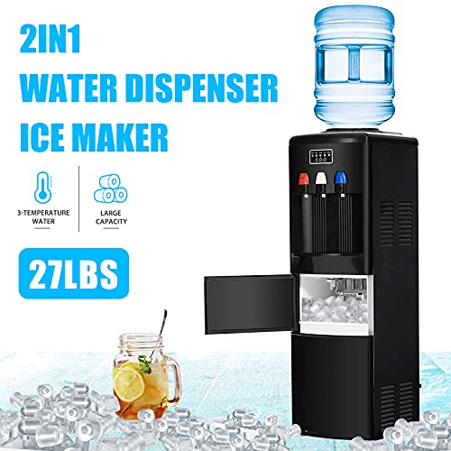2-in-1 Water Cooler Dispenser with Built-in Ice Maker, Electric Hot Cold Water Cooler, 27LBS/24H Ice Maker Machine with Child Safety Lock (Black)