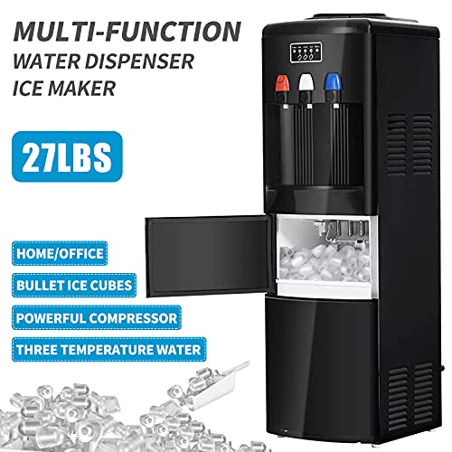 2-in-1 Water Cooler Dispenser with Built-in Ice Maker, Electric Hot Cold Water Cooler, 27LBS/24H Ice Maker Machine with Child Safety Lock (Black)