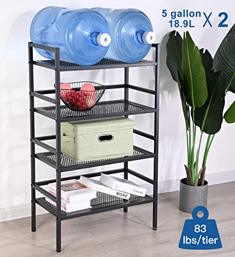 37.4" Metal Storage Shelf Rack Adjustable Height 4-Tier Utility Kitchen Standing Shelving w/ 4 Hooks, Shoe Rack heavy Duty for Laundry Bathroom Garage Pantry Load upto 83LBS per Tier, Matte Black