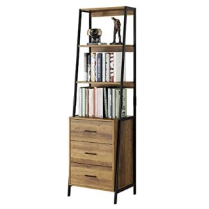 urkno industrial ladder shelves, bookcase with fabric drawers and 3 tier open shelves, freestanding storage cabinet tall nightstand for living room, bedroom, office, rustic brown