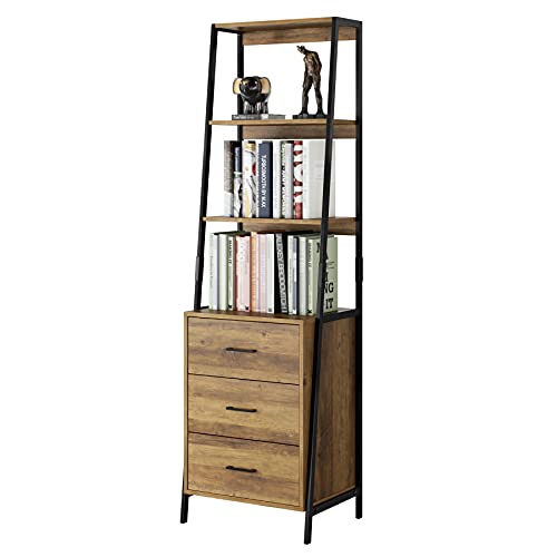 URKNO Industrial Ladder Shelves, Bookcase with Fabric Drawers and 3 Tier Open Shelves, Freestanding Storage Cabinet Tall Nightstand for Living Room, Bedroom, Office, Rustic Brown