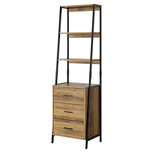 URKNO Industrial Ladder Shelves, Bookcase with Fabric Drawers and 3 Tier Open Shelves, Freestanding Storage Cabinet Tall Nightstand for Living Room, Bedroom, Office, Rustic Brown