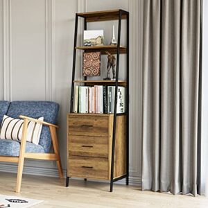 URKNO Industrial Ladder Shelves, Bookcase with Fabric Drawers and 3 Tier Open Shelves, Freestanding Storage Cabinet Tall Nightstand for Living Room, Bedroom, Office, Rustic Brown