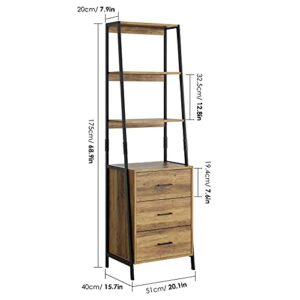 URKNO Industrial Ladder Shelves, Bookcase with Fabric Drawers and 3 Tier Open Shelves, Freestanding Storage Cabinet Tall Nightstand for Living Room, Bedroom, Office, Rustic Brown