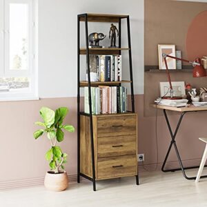 URKNO Industrial Ladder Shelves, Bookcase with Fabric Drawers and 3 Tier Open Shelves, Freestanding Storage Cabinet Tall Nightstand for Living Room, Bedroom, Office, Rustic Brown