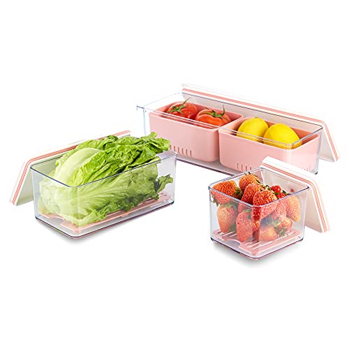 Storage Containers Fridge Organizer for Vegetable Fruit Veggie and Berry Refrigerator Organizer Bins with Lids Produce Saver 3 Packs Pink