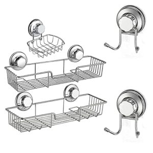 ipegtop 3in1 suction cup shower caddy bath wall shelf + soap dish holder + 2 pack strong suction cup hooks