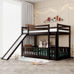 wood low bunk bed, twin over twin wood bunk bed frame with convertible slide and ladder, convertible wood bunk bed loft bed with full-length guardrail for kids, saving-spaces design (espresso+wood)