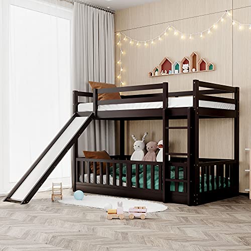 Wood Low Bunk Bed, Twin Over Twin Wood Bunk Bed Frame with Convertible Slide and Ladder, Convertible Wood Bunk Bed Loft Bed with Full-Length Guardrail for Kids, Saving-Spaces Design (Espresso+Wood)