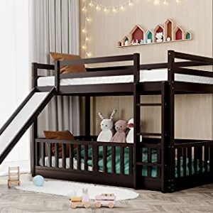 Wood Low Bunk Bed, Twin Over Twin Wood Bunk Bed Frame with Convertible Slide and Ladder, Convertible Wood Bunk Bed Loft Bed with Full-Length Guardrail for Kids, Saving-Spaces Design (Espresso+Wood)