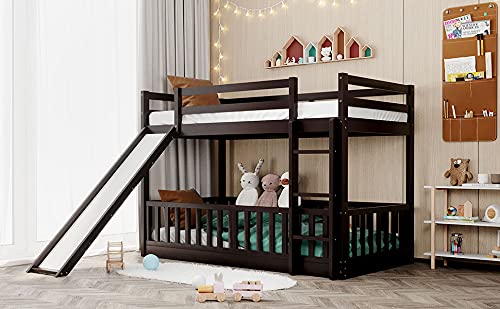 Wood Low Bunk Bed, Twin Over Twin Wood Bunk Bed Frame with Convertible Slide and Ladder, Convertible Wood Bunk Bed Loft Bed with Full-Length Guardrail for Kids, Saving-Spaces Design (Espresso+Wood)