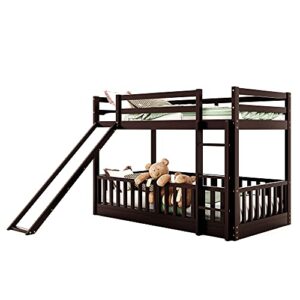 Wood Low Bunk Bed, Twin Over Twin Wood Bunk Bed Frame with Convertible Slide and Ladder, Convertible Wood Bunk Bed Loft Bed with Full-Length Guardrail for Kids, Saving-Spaces Design (Espresso+Wood)