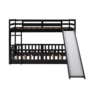 Wood Low Bunk Bed, Twin Over Twin Wood Bunk Bed Frame with Convertible Slide and Ladder, Convertible Wood Bunk Bed Loft Bed with Full-Length Guardrail for Kids, Saving-Spaces Design (Espresso+Wood)