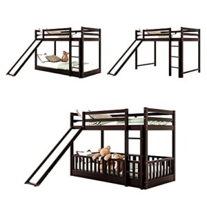 Wood Low Bunk Bed, Twin Over Twin Wood Bunk Bed Frame with Convertible Slide and Ladder, Convertible Wood Bunk Bed Loft Bed with Full-Length Guardrail for Kids, Saving-Spaces Design (Espresso+Wood)