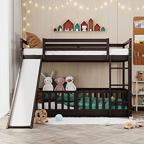 Wood Low Bunk Bed, Twin Over Twin Wood Bunk Bed Frame with Convertible Slide and Ladder, Convertible Wood Bunk Bed Loft Bed with Full-Length Guardrail for Kids, Saving-Spaces Design (Espresso+Wood)