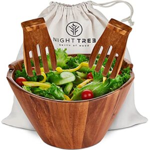 wooden salad bowl set with serving forks mixing - magnetic serving utensils attached to large acacia wood bowl for 6-8 helpings - unique wood bowl - strong and leak proof with fabric bag