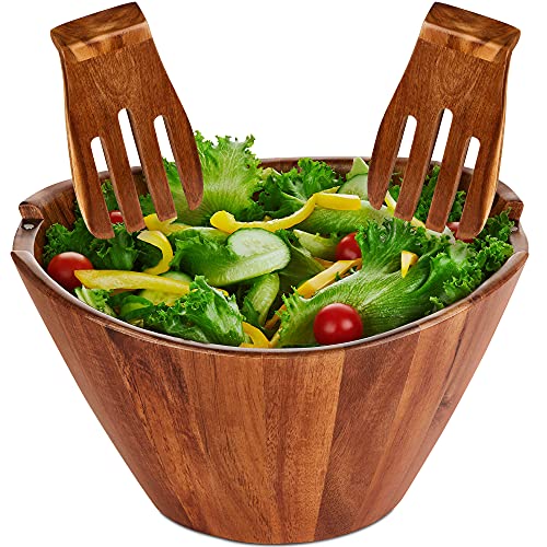 Wooden salad bowl set with serving forks mixing - magnetic serving utensils attached to large acacia wood bowl for 6-8 helpings - unique wood bowl - strong and leak proof with fabric bag