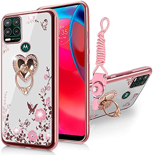 for Moto G Stylus 5G Case for Women, Motorola G Stylus 5G Case Glitter Crystal Butterfly Heart Floral Slim TPU Luxury Bling Cute Protective Cover with Kickstand+Strap for Moto G Stylus 5G-Rose Gold