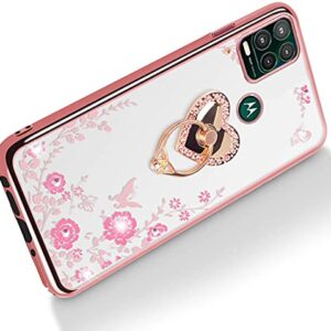 for Moto G Stylus 5G Case for Women, Motorola G Stylus 5G Case Glitter Crystal Butterfly Heart Floral Slim TPU Luxury Bling Cute Protective Cover with Kickstand+Strap for Moto G Stylus 5G-Rose Gold