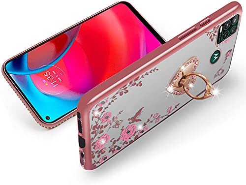 for Moto G Stylus 5G Case for Women, Motorola G Stylus 5G Case Glitter Crystal Butterfly Heart Floral Slim TPU Luxury Bling Cute Protective Cover with Kickstand+Strap for Moto G Stylus 5G-Rose Gold