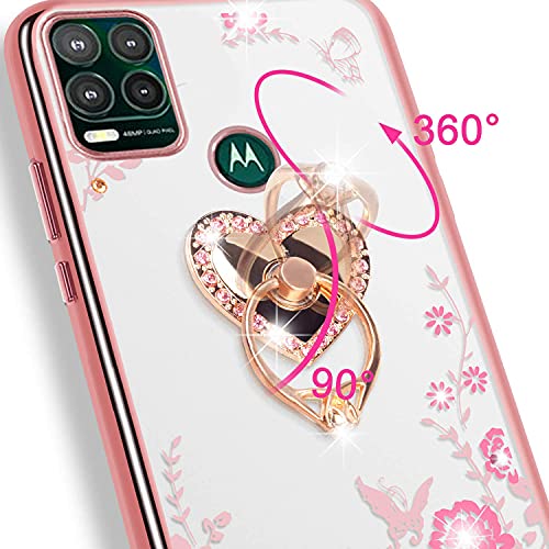 for Moto G Stylus 5G Case for Women, Motorola G Stylus 5G Case Glitter Crystal Butterfly Heart Floral Slim TPU Luxury Bling Cute Protective Cover with Kickstand+Strap for Moto G Stylus 5G-Rose Gold