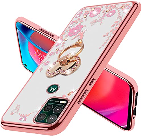 for Moto G Stylus 5G Case for Women, Motorola G Stylus 5G Case Glitter Crystal Butterfly Heart Floral Slim TPU Luxury Bling Cute Protective Cover with Kickstand+Strap for Moto G Stylus 5G-Rose Gold