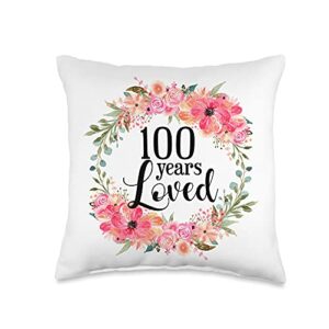 floral 90 years loved mom grandma birthday gift floral loved 100 year old grandma 100th birthday throw pillow, 16x16, multicolor