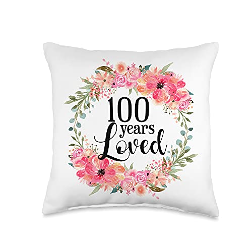 Floral 90 Years Loved Mom Grandma Birthday Gift Floral Loved 100 Year Old Grandma 100th Birthday Throw Pillow, 16x16, Multicolor