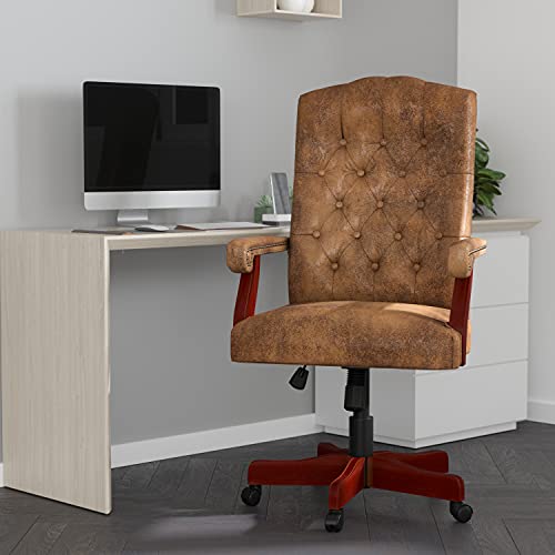 Merrick Lane Versailles Bomber Brown Ultra-Suede Victorian Style 360° Swivel High-Back Office Chair with Padded Scrolled Arms and Wood Capped Metal Base