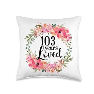 floral 90 years loved mom grandma birthday gift floral loved 103 year old grandma 103rd birthday throw pillow, 16x16, multicolor