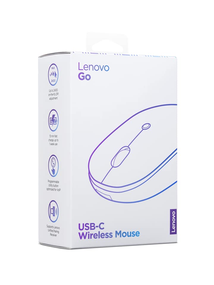 Lenovo Go USB-C Essential Wireless Mouse, 2.4 GHz Nano USB-C Receiver, Adjustable DPI, Rechargeable Battery, Ambidextrous, GY51C21210, Grey