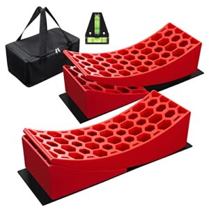 camper leveler, rv leveling blocks with 2 red curved levelers, 2 chocks, 2 anti-slip mats and carrying bag, heavy duty levelers for 36,000 lbs, non-slip design, faster and easier to level your camper