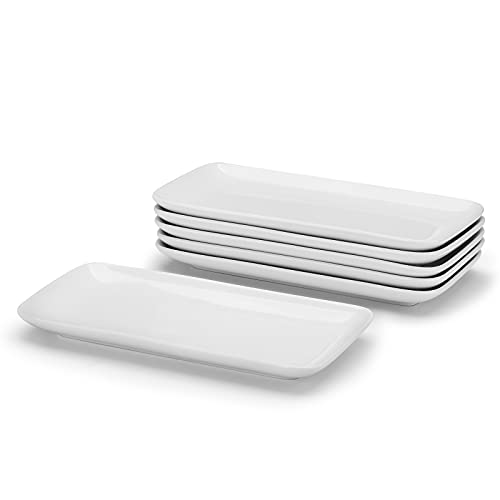 Miicol 9 Inch Rectangle Serving Platter, White Ceramic Rectangular Plates for Party Food, Appetizer Dessert Cake Sushi, Set of 6, No-spilling and Stackable, Dishwasher Microwave & Oven Safe