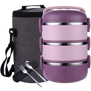 diluoou stackable lunch box, 3 tier stainless steel thermal lunch box,bento lunch box for adult with lunch bag & utensils (pink)