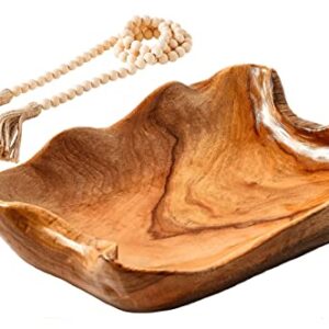 Wavy Live Edge Wooden Bowls for Decor+Wood Beads Garland, Handmade Key Bowl For Entryway Table Decor, Wood Bowls Decorative Wooden Fruit Bowl, Hand Carved Root Centerpiece Display Potpourri Wood Bowl