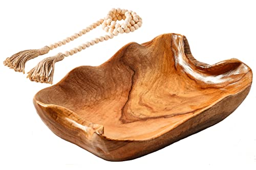 Wavy Live Edge Wooden Bowls for Decor+Wood Beads Garland, Handmade Key Bowl For Entryway Table Decor, Wood Bowls Decorative Wooden Fruit Bowl, Hand Carved Root Centerpiece Display Potpourri Wood Bowl