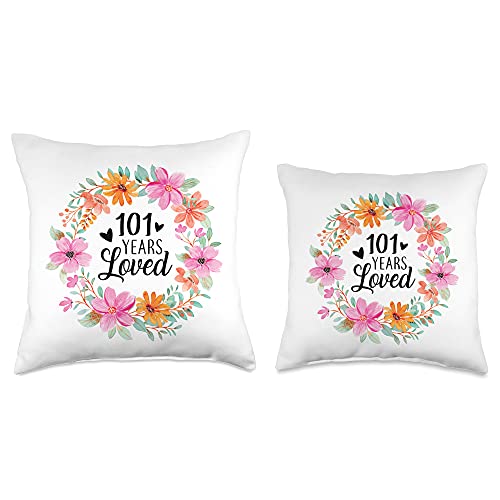 Floral Frame 101 Years Old 101st Birthday Gifts 101 Years Loved Funny Mom Dad Grandpa Grandma 101st Birthday Throw Pillow, 16x16, Multicolor