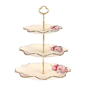 fanquare 3-tier floral royal cupcake stand, vintage fruit plate with gold trim, dessert stand for birthday, wedding, tea party
