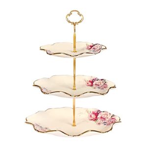 fanquare 3-Tier Floral Royal Cupcake Stand, Vintage Fruit Plate with Gold Trim, Dessert Stand for Birthday, Wedding, Tea Party