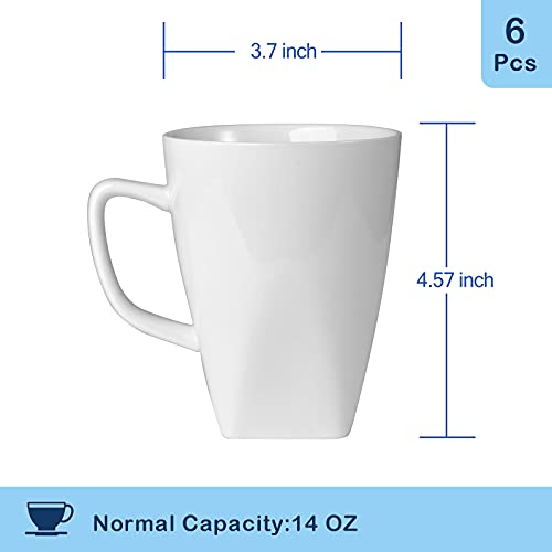 Miicol Porcelain Coffee Mugs Set, White Ceramic Cups for Tea, Milk, Cocoa, Square Bottom, 14 Ounces, Dishwasher & Microwave Safe, Set of 6