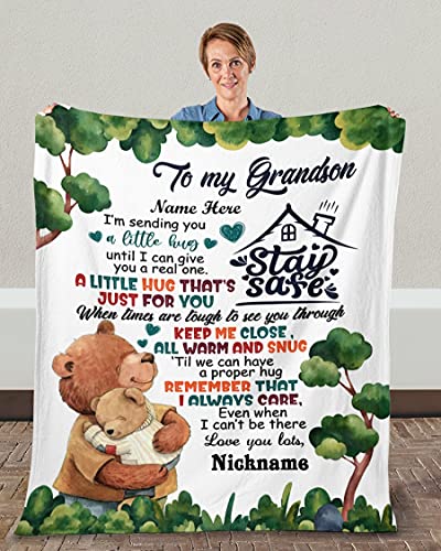 Personalized to My Grandson Baby Bear Blanket Gifts for Grandson from Grandma I Am Sending You A Little Hug Customized Blanket for Birthday Fathers Day Wedding Anniversary