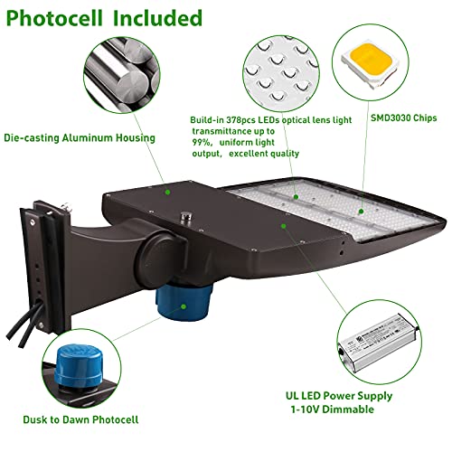 300W LED Parking Lot Pole Lights Adjustable Arms Mount with Photocell, Surge Protection Built-in LED Shoebox Lights 42000LM 5000K IP65 Waterproof Outdoor Commercial Area Street Lighting