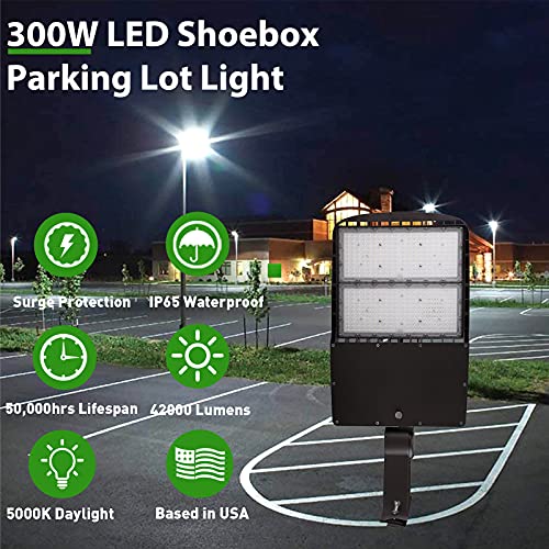 300W LED Parking Lot Pole Lights Adjustable Arms Mount with Photocell, Surge Protection Built-in LED Shoebox Lights 42000LM 5000K IP65 Waterproof Outdoor Commercial Area Street Lighting