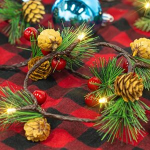 Dazzle Bright 6.5 FT Pine Cone Christmas String Lights, 20 LED Battery Operated Christmas Garland with Red Berry Pine Cone Fairy String Lights for Indoor Outdoor Xmas Fireplace Mantel Decorations